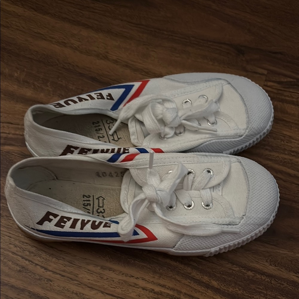 Feiyue Kids Martial Arts Sneakers in White with Red and Blue Accents